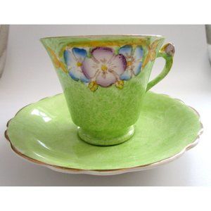 James Kent Longton England Green Cup & Saucer & Flower Handle #1156 VTG - *READ*